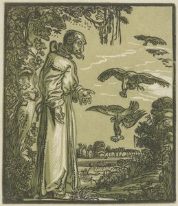 Eremitten Paulus (Elias?) fodres af ravne af Hendrick Goltzius (attributed to)