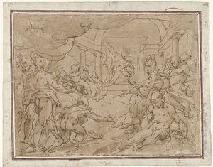 Phaeton beder Apollo om solvognen af Hendrick Goltzius (school of)