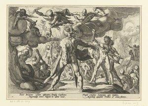 Giganternes angreb på gudernes verden Ovids metamorfoser (serietitel) af Hendrick Goltzius (workshop of)