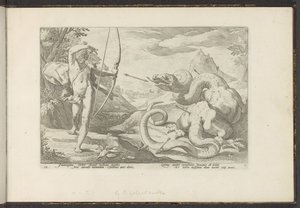 Apollo dræber den gigantiske slange Python Ovids metamorfoser (serietitel) Genskabelser af P. Ovidius Naso (serietitel) af Hendrick Goltzius (workshop of)