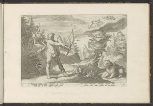 Arcas retter sin pil mod Callisto Ovids metamorfoser (serietitel) Genskabelser af P. Ovidius Naso (serietitel) af Hendrick Goltzius (workshop of)