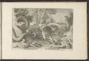 Cadmus dræber dragen Ovids metamorfoser (serietitel) Genskabelser af P. Ovidius Naso (serietitel) af Hendrick Goltzius (workshop of)