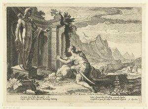 Cadmus spørger oraklet i Delphi, hvad han skal gøre nu, hvor han ikke har været i stand til at finde sin søster Europa Ovids metamorfoser (serietitel) af Hendrick Goltzius (workshop of)