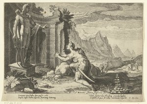 Cadmus spørger oraklet i Delphi, hvad han skal gøre nu, hvor han ikke har været i stand til at finde sin søster Europa Ovids metamorfoser (serietitel) af Hendrick Goltzius (workshop of)