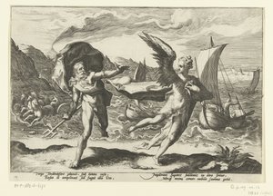 Gesimsen bliver til en een kraai Neptun og Coronis Ovids Metamorfosen (serietitel) af Hendrick Goltzius (workshop of)