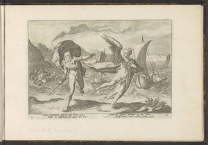 Cornix bliver til en krage Ovids metamorfoser (serietitel) Genskabelser af P. Ovidius Naso (serietitel) af Hendrick Goltzius (workshop of)