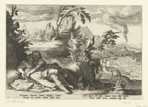 Corvus fanger pigen Coronis Ovids metamorfoser (serietitel) af Hendrick Goltzius (workshop of)