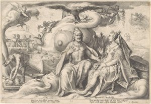 Diskussion mellem Jupiter og Juno Metamorphoses of Ovid (serietitel) af Hendrick Goltzius (workshop of)