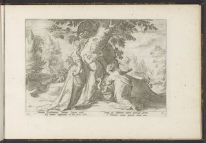 Cecrops døtre åbner Minerva .s kurv Ovids metamorfoser (serietitel) Genskabelser af P. Ovidius Naso (serietitel) af Hendrick Goltzius (workshop of)