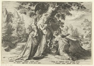 Cecrops døtre åbner Minerva .s kurv Ovids metamorfoser (serietitel) af Hendrick Goltzius (workshop of)