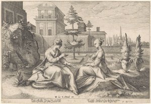 Juno nærmer sig Semele i skikkelse af Beroe Metamorphoses of Ovid (serietitel) af Hendrick Goltzius (workshop of)