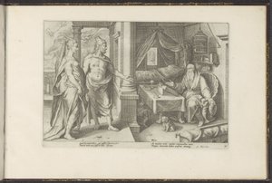 Juno og Jupiter spørger Tiresias til råds Ovids metamorfoser (serietitel) Genskabelser af P. Ovidius Naso (serietitel) af Hendrick Goltzius (workshop of)