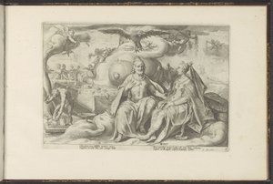 Jupiter og Juno diskuterer, hvilket af kønnene der har størst lyst til kærlighed Ovids metamorfoser (serietitel) Genskabelser af P. Ovidius Naso (serietitel) af Hendrick Goltzius (workshop of)