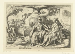 Jupiter og Juno diskuterer, hvilket af kønnene der har størst lyst til kærlighed Ovids metamorfoser (serietitel) af Hendrick Goltzius (workshop of)