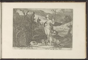 Minerva beder Envy om at tænde jalousi i Aglauros Ovids metamorfoser (serietitel) Genskabelser af P. Ovidius Naso (serietitel) af Hendrick Goltzius (workshop of)