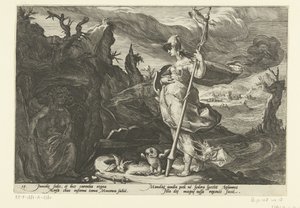 Minerva beder Envy om at tænde jalousi i Aglauros Ovids metamorfoser (serietitel) af Hendrick Goltzius (workshop of)
