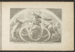 Orden i kaos Oprettelse af de fire elementer Ovidii Metam. lib. I (titel på objekt) Ovids metamorfoser (serietitel) Genskabelser af P. Ovidius Naso (serietitel) af Hendrick Goltzius (workshop of)