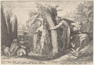 Pan en Syrigs Transformed van Ovid (serietitel) af Hendrick Goltzius (workshop of)