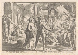 Phaëthon spørger Apollo, om han må køre i sin vogn Metamorphoses of Ovid (serietitel) af Hendrick Goltzius (workshop of)