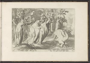 Phaëthons søstre bliver til poppel og hans ven til en svane Ovids metamorfoser (serietitel) Genskabelser af P. Ovidius Naso (serietitel) af Hendrick Goltzius (workshop of)