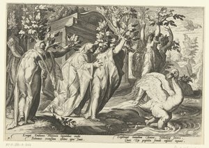 Phaëthons søstre bliver til poppel og hans ven til en svane Ovids metamorfoser (serietitel) af Hendrick Goltzius (workshop of)