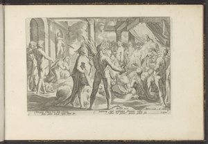 Phaëton i paleis van Helios Ovids Meta. Lib. II (titel på objekt) Ovids Metamorfosen (serietitel) Herscheppingen van P. Ovidius Naso (serietitel) af Hendrick Goltzius (workshop of)