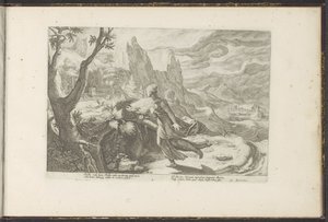 Denne flygter fra en løve Ovids metamorfoser (serietitel) Genskabelser af P. Ovidius Naso (serietitel) af Hendrick Goltzius (workshop of)