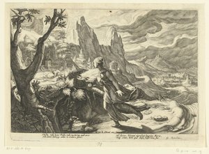 Denne flygter fra en løve Ovids metamorfoser (serietitel) af Hendrick Goltzius (workshop of)