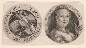 Buste af en kvinde, der holder en fløjte og musikinstrumenter, på et ark af Hendrick Goltzius