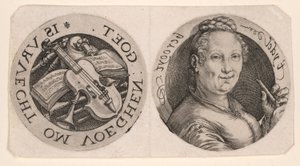 Buste af en kvinde, der holder en fløjte og musikinstrumenter, på et ark af Hendrick Goltzius