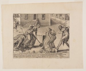 Den tåbelige sagsøgers død, fra Litis Abusus (Lovens misbrug) af Hendrick Goltzius