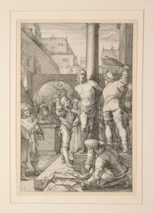 Flagellation of Christ, fra The Passion, #6 i en serie af 12 graveringer af Hendrick Goltzius
