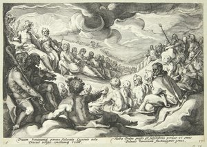Jupiter rådfører sig med guderne om ødelæggelsen af universet af Hendrick Goltzius