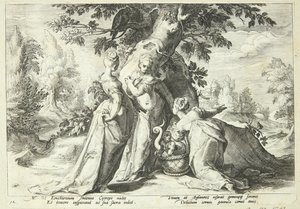 Kekrops døtre åbner kurven, der er betroet dem af Minerva af Hendrick Goltzius