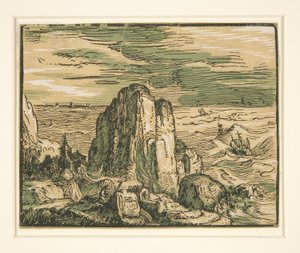 Landskab med klippe ved kysten af Hendrick Goltzius