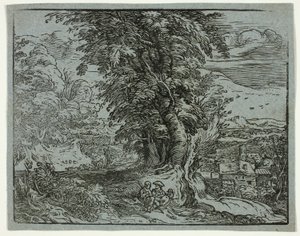 Landskab med et hyrdepar, fra fire små landskaber af Hendrick Goltzius