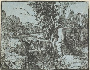 Landskab med et vandfald, fra fire små landskaber af Hendrick Goltzius