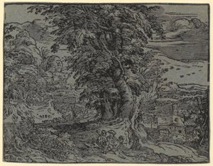 Landskab med siddende par og hyrde, blad 2 fra serien »Fire små landskaber« af Hendrick Goltzius