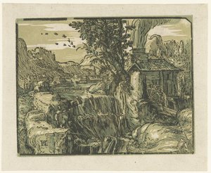 Landskab med vandfald Fire små landskaber (serietitel) af Hendrick Goltzius