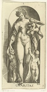 Kærlighed Velgørenhed (titel på objekt) De syv dyder (serietitel) af Hendrick Goltzius