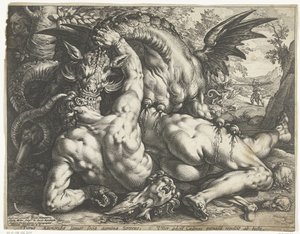 Kadmusens ledsagere fortæret af en drage af Hendrick Goltzius