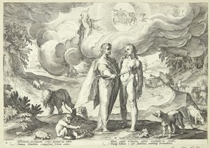 Prometheus skaber mennesket og giver det liv med ild fra himlen af Hendrick Goltzius