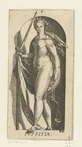 Retfærdighed Iustitia (titel på objekt) De syv dyder (serietitel) af Hendrick Goltzius