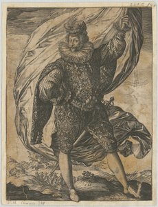 Stående fanebærer, med hovedet vendt mod venstre af Hendrick Goltzius