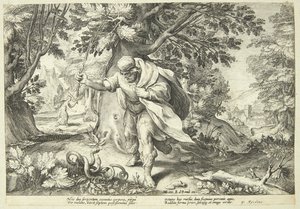 Teiresias slår to parrende slanger med sin stok af Hendrick Goltzius