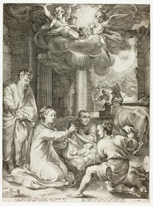 Hyrdernes tilbedelse, plade tre fra The Birth and Early Life of Christ af Hendrick Goltzius