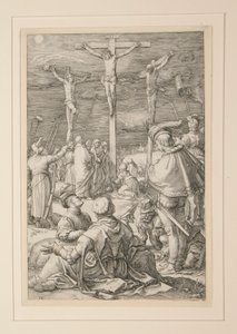 The Crucifixion (Kristus på korset), fra The Passion, #10 i en serie af 12 graveringer af Hendrick Goltzius