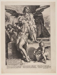 Den døde frelser støttet af en engel af Hendrick Goltzius