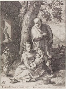 Den hellige familie med spædbarnet Johannes Døberen, plade seks fra The Birth and Early Life of Christ af Hendrick Goltzius