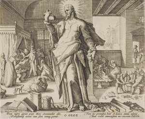 Lægen betragtet som Gud, plade en fra Allegories of the Medical Profession. af Hendrick Goltzius